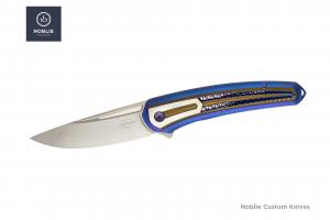 LesBar Spinnaker folding knife with RWL34 blade, blue anodized titanium handle and mother-of-pearl inlay