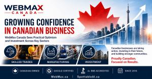 WebMax Canada graphic showing growing confidence in Canadian business, skilled trades, manufacturing, and investment.