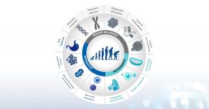 Diagram illustrating the 12 Hallmarks of Aging and cellular mechanisms of biological decline