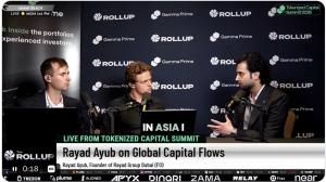The Rollup podcast recording, Managing Director Rayad Kamal Ayub with hosts Robbie Klages and Andy C, articulating RAYAD Group's tripartite allocation architecture spanning ETFs, emerging markets, Bitcoin, AI and cybersecurity.