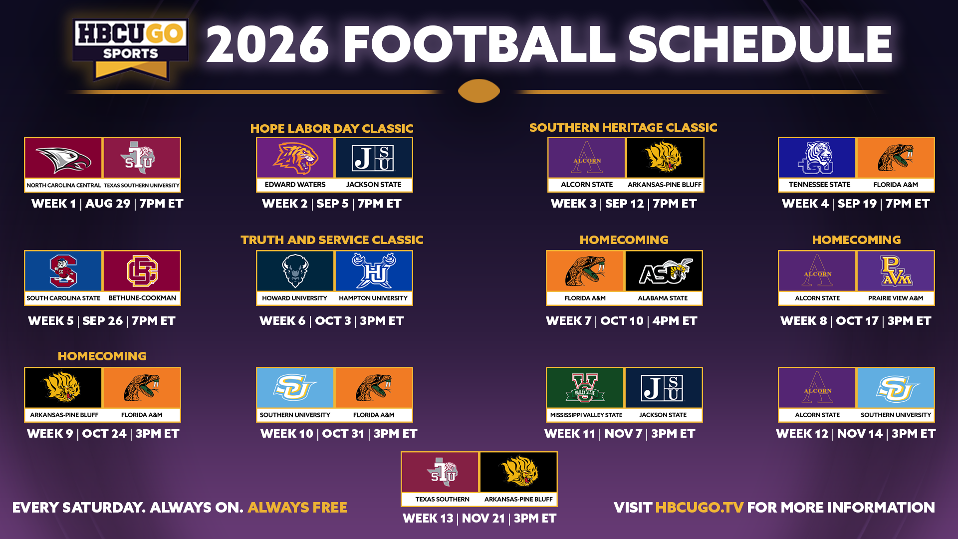 AMG’S HBCU GO UNVEILS 13-WEEK FOOTBALL SCHEDULE FEATURING CLASSIC SHOWDOWNS, HOMECOMING EVENTS AND HISTORIC RIVALRIES