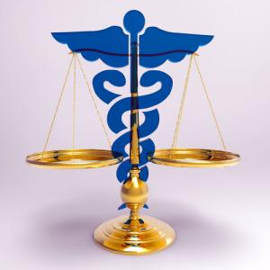 The American Institute of Health Care Professionals Offers a Medical Malpractice Consulting Certification Program 19 photo of the legal scales of justice in gold, with symbol, the medical symbol in blue imposed over it