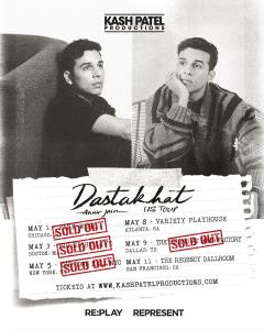 Promotional poster for Anuv Jain’s Dastakhat World Tour 2026 US Tour by Kash Patel Productions featuring sold out stamps over Chicago, Boston, New York, and Dallas tour dates, with remaining shows in Atlanta and San Francisco nearing sell out.