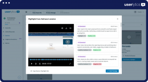 Userlytics AI Annotations dashboard displaying a list of 70 AI-generated annotations from a UX research study, each with participant name, sentiment score labels, and Play Clip buttons for instant session review