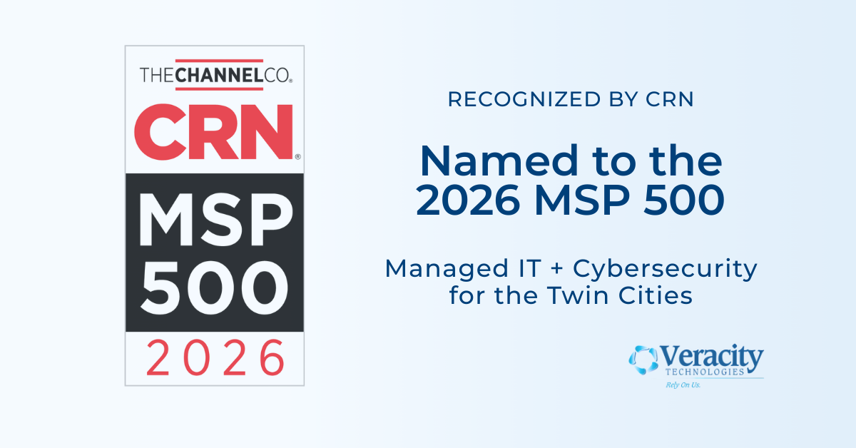 CRN MSP 500 2026 award recognizing Veracity Technologies for managed IT services and cybersecurity in the Twin Cities