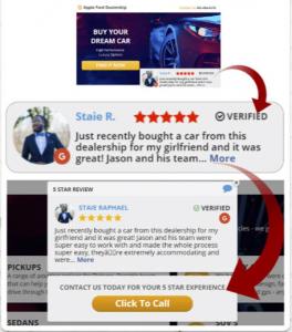 ReputationRiser Google review widget displaying verified 5-star Google reviews with a click-to-call button on a website
