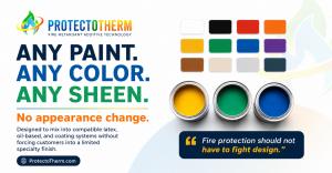 ProtectoTherm any paint any color any sheen graphic with paint cans and color swatches.