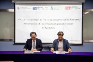 OPAL-RT Technologies and The Hong Kong Polytechnic University representatives signing a memorandum of understanding partnership agreement for grid modernization and electrical engineering research collaboration.
