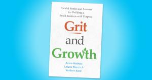 The cover of Grit and Growth depicts the word Grit in red and the word Growth in green with a small sprout extending from the w. The authors names are below in a turquoise-y blue. The background has a textured look.