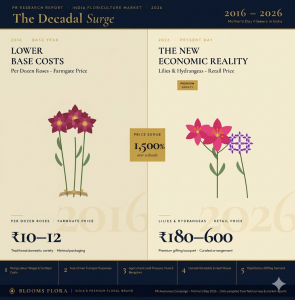 Infographic comparing flower prices in India between 2016 and 2026 highlighting premium flower cost increases.