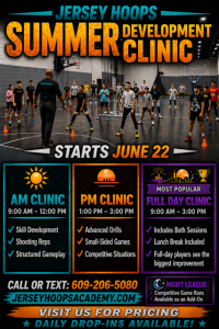 Jersey Hoops Academy has officially announced its 2026 Summer Basketball Training Schedule, featuring a full lineup of developmental clinics, advanced skills training, and elite-level basketball instruction for players throughout South Jersey A logo