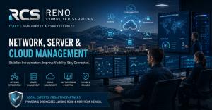 IT professionals monitoring network, server, and cloud infrastructure for Reno Computer Services.