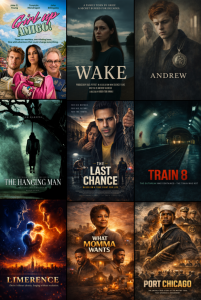 Accerts Productions Presents Cannes 2026 Slate of Completed Films and New Projects 7 Poster collage showing Accerts Productions’ Cannes 2026 development and packaging slate, including Girl Up Amigo!, Wake, Andrew, The Hanging Man, The Last Chance, Train 8, Limerence, What Momma Wants, and Port Chicago.
