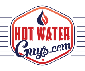 Hot Water Guys logo, featuring a hexagonal red and navy badge with a flame icon, the brand name 