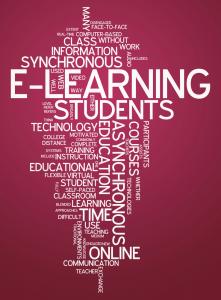 photo of a meme in burgundy background with all white letters that read E learning, students