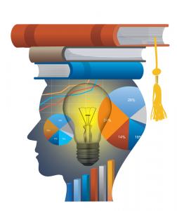 photto of graphic of a man's head with a light bulb in the middle with books on top of this head