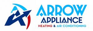 Arrow Appliance logo featuring a white letter "A" with an upward arrow, accented in blue and red, followed by the company name in bold teal and white text