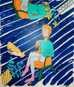 Artist Tanja Playner, "Intertior with the blue floor, two vases and the dog"