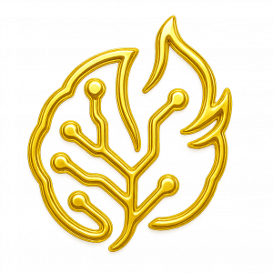 Gold emblem showing a stylized flame and leaf shape with circuit-like branches and rounded nodes, symbolizing organic technology, growth, and innovation.