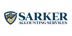 Sarker Accounting Services logo with a navy and gold shield icon, city skyline, upward arrow, and bold navy serif text.