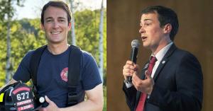 George Stern pictured in uniform as a volunteer firefighter on the left panel and in his capacity as a keynote speaker on the right