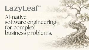Promotional graphic for the relaunch of LazyLeaf LTD by BidClever AI, featuring the LazyLeaf logo, the text “AI-native software engineering for complex business problems,” and an illustrated tree with expansive roots symbolizing deeply integrated AI syste