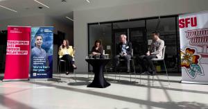 Erin Morantz, Vice-President, Advancement and Alumni Engagement, SFU. Nicole Robson, President & CEO, Surrey Hospitals Foundation. Dugan O’Neil, Vice-President, Research and Innovation. Dr. Jason Chan, Neurologist at the Fraser Health Movement Disorders P