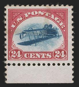 Red and blue stamp with an upside down airplane in the middle
