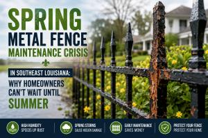 Rusted black metal fence in Southeast Louisiana during spring showing why early fence maintenance is important.