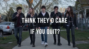 Image of high school kids walking down the street vaping with one kid in the middle not vaping with the text overlay 