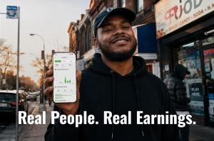 Smiling young man standing on a Brooklyn street holding up a phone showing the Secret World earnings analytics screen with $654 in weekly earnings, with the text
