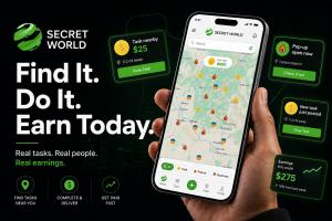 Secret World app marketing graphic on dark background showing a phone with the map interface displaying task and pop-up pins, with floating notification cards showing nearby tasks and earnings, and the headline