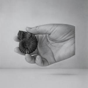 Singapore-Based Spanish Composer Jordi Forniés Releases New Classical Album Raíz y Recuerdo, Roots and Memories 11 Black and white pencil drawing of a hand holding a small shell, used as the cover artwork for Raíz y Recuerdo by Jordi Forniés and created by Chizuru Masumura