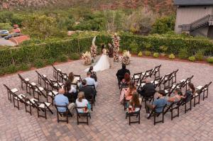 An overhead view of a wedding shows the intimate ceremony space at The Venue at Sedona Center.
