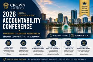 Crown Institute today announced plans for the 2026 Local Government Accountability Conference, a November 2026 civic leadership and public-sector education event to be held in Orlando, Florida Crown Institute conference graphic announcing the 2026 Local Government Accountability Conference in Orlando, Florida, with themes of transparency, leadership education, public trust, and credentials.