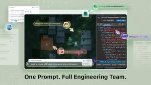 A marketing graphic for an AI engineering platform showcasing a 2D pixel-art game being developed by various specialized AI agents, accompanied by the tagline,