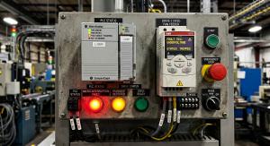 Close-up of a PLC or VFD control panel with indicator lights, representing factory equipment affected by micro-interruptions.