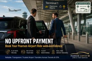 Toronto Pearson International Airport (YYZ) is one of the largest and busiest airports in Canada, located in Mississauga near Toronto Traveler with luggage entering a luxury airport limo outside Toronto Pearson Airport.