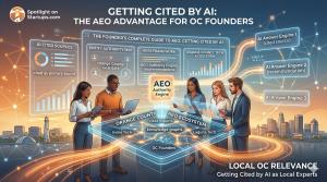 Orange County founders reviewing AEO Authority Engine data showing AI cited sources, entity authority maps, and knowledge graphs for getting cited by AI answer engines