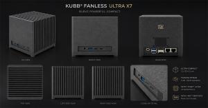 Composite multi-angle presentation of the KUBB® Fanless Ultra X7 silent mini PC showing front, rear, side and detailed views of its premium fanless aluminum cooling architecture.