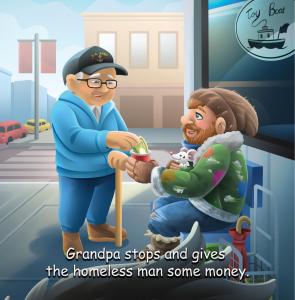 Children's book illustration of an older man handing money to a homeless man seated on a city sidewalk.