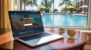 A mockup of a laptop on a resort desktop featuring Leisure Alchemy website