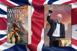 The United Kingdom continues to prove itself a significant resource for the future of science fiction and fantasy storytelling and illustration L. Ron Hubbard Presents Writers of the Future Volume 42 release in the UK with Liverpool winner, Shaun Stevenson, and his award-winning story "The Triceratops Effect." Image shows Shaun holding his statue on stage, the new book next to him, and the UK fla