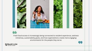 Babylon Micro-Farms Highlights How Commercial Operators Are Reimagining Fresh Food Access On-Site 11 Woman enjoying a fresh salad surrounded by leafy greens and microgreens representing Babylon Micro-farms' focus on wellness and on-site fresh food access