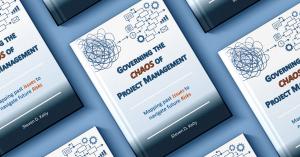 Every project manager has lived through a Watermelon Project: green on the dashboard, red on the inside Multiple angled copies of the book Governing the Chaos of Project Management by Steven D. Kelly arranged on a blue background, featuring a white cover with blue and orange typography, workflow diagrams, and an abstract tangled-line illustration symbolizin