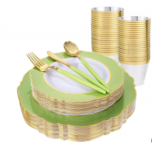 Wonderful Party-150-Piece Baroque Green & Gold Dinnerware Set for 25 Guests