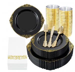 Wonderful Party-350-Piece Black & Gold Plastic Dinnerware Set for 50 Guests (with Napkins & Silverware)