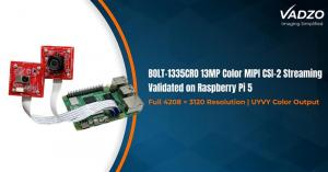Vadzo Imaging today announced the successful validation of its Bolt-1335CRO 13MP autofocus camera with color optical image stabilization (OIS) MIPI CSI-2 camera on Raspberry Pi 5, demonstrating a production-ready approach for high-resolution camera integration using a fully native Linux pipeline 13MP MIPI CSI-2 Camera