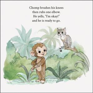 A playful moment during one of Chomp's forest adventures: Cara the Cat watches Chomp the Chimp getting back up after Chomp's slip from a branch (from Chomp the Chimp and the Noisy Night).