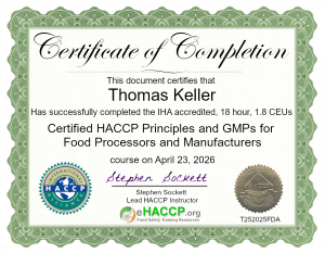 HACCP certificate for Food Companies